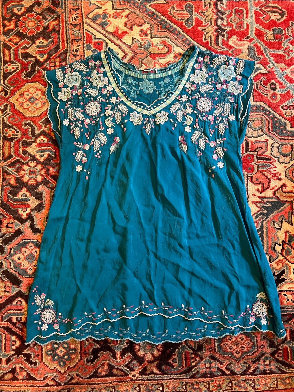 Johnny Was Teal Embroidered V Neck Tunic— Womens L